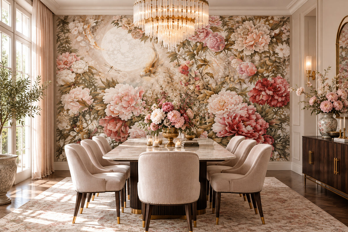 Hand-Painted Peony Garden Wallpaper Mural, Custom Murals Available Wall Murals Maughon's Waterproof Canvas 