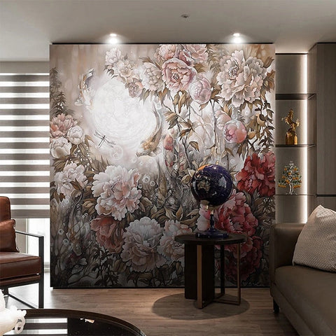 Image of Hand-Painted Peony Garden Wallpaper Mural, Custom Murals Available Wall Murals Maughon's Waterproof Canvas 
