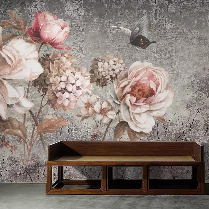 Hand-Painted Pink Flowers Wallpaper Mural, Custom Sizes Available Household-Wallpaper Maughon's 
