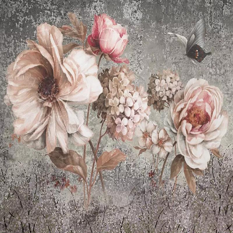 Hand-Painted Pink Flowers Wallpaper Mural, Custom Sizes Available Household-Wallpaper Maughon's 