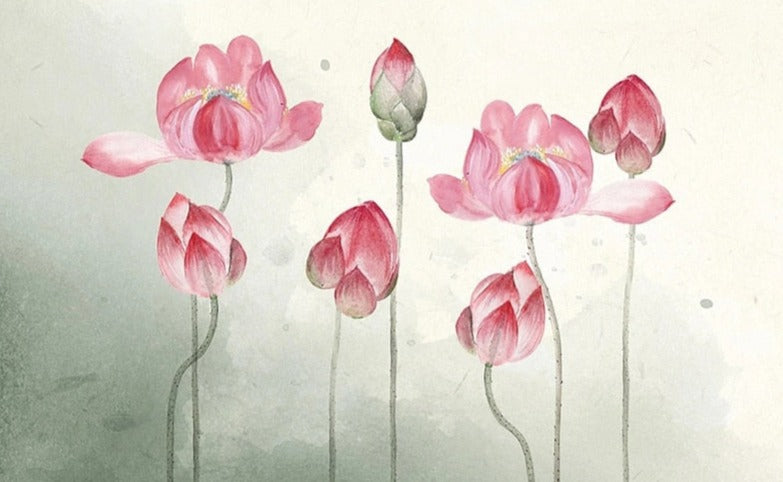 Hand-Painted Pink Lotus Botanical Wallpaper Mural, Custom Sizes Available Wall Murals Maughon's 
