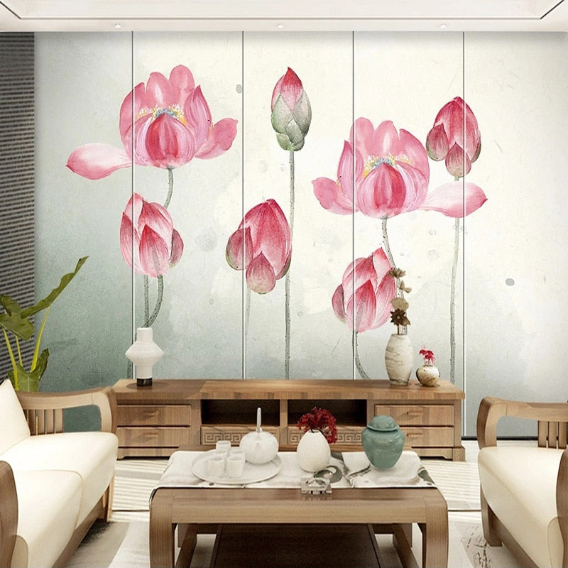 Hand-Painted Pink Lotus Botanical Wallpaper Mural, Custom Sizes Available Wall Murals Maughon's 