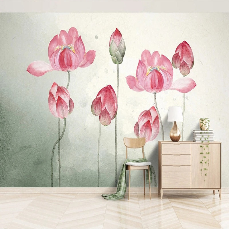 Hand-Painted Pink Lotus Botanical Wallpaper Mural, Custom Sizes Available Wall Murals Maughon's Waterproof Canvas 