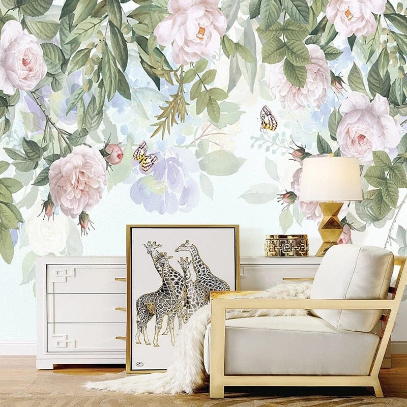 Hand-Painted Pink Rose Garland, Wallpaper Mural, Custom Sizes Available Wall Murals Maughon's 
