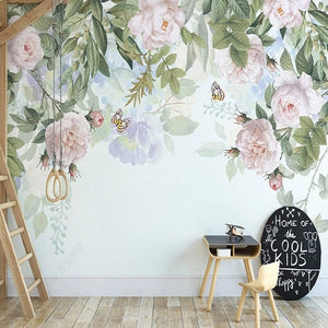 Hand-Painted Pink Rose Garland Wallpaper Mural, Custom Sizes Available