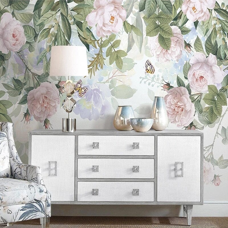 Hand-Painted Pink Rose Garland, Wallpaper Mural, Custom Sizes Available Wall Murals Maughon's Waterproof Canvas 