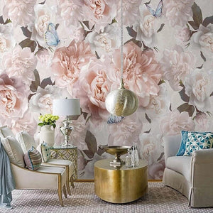 Hand-Painted Pink Roses and Butterflies Wallpaper Mural, Custom Sizes Available