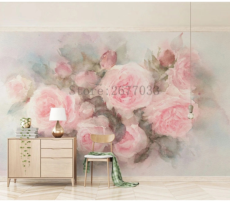 Hand-Painted Pink Roses Wallpaper Mural, Custom Sizes Available Maughon's 