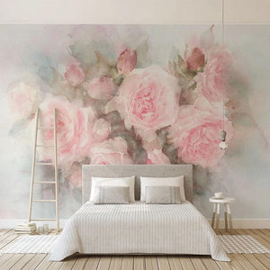 Hand-Painted Pink Roses Wallpaper Mural, Custom Sizes Available Maughon's 