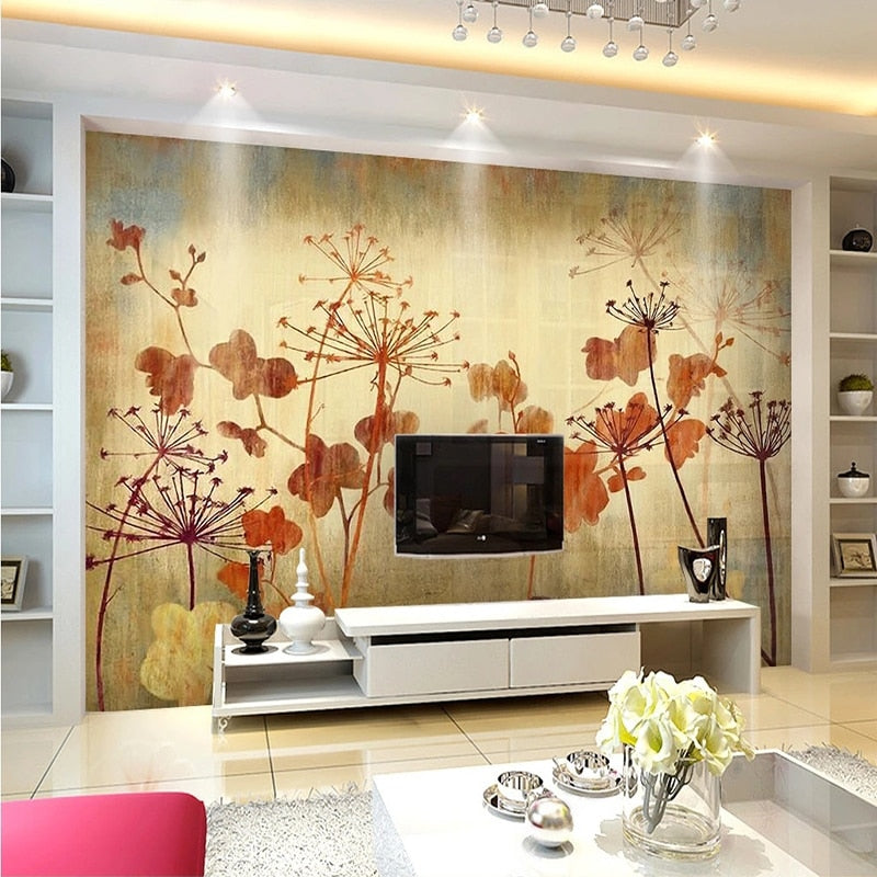 Hand Painted Retro Orange Flowers Wallpaper Mural, Custom Sizes Available Wall Murals Maughon's 