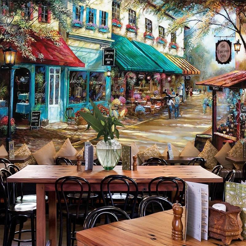 Hand Painted Retro Town and Cafe Wallpaper Mural, Custom Sizes Available Wall Murals Maughon's 