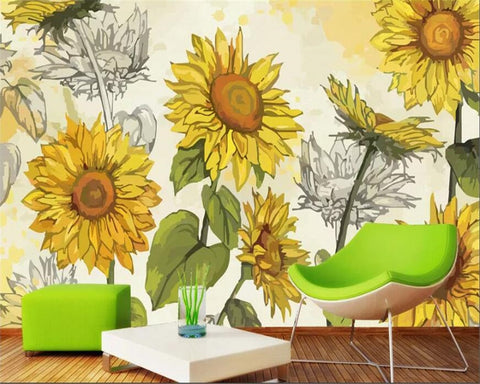 Image of Hand-Painted Sunflowers Wallpaper Mural, Custom Sizes Available Wall Murals Maughon's 