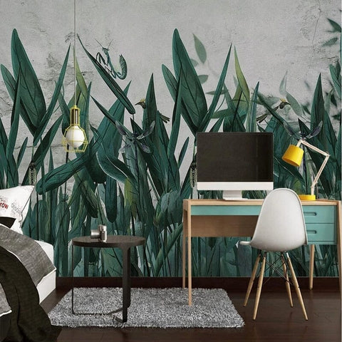 Image of Hand-Painted Tropical Spikey Leaves Wallpaper Mural, Custom Sizes Available Wall Murals Maughon's 