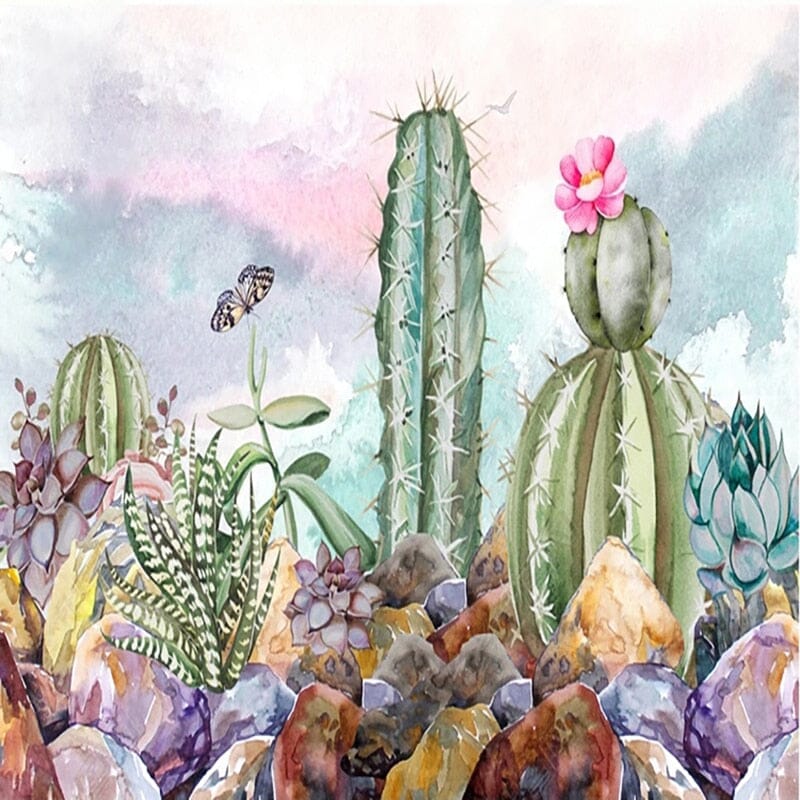 Hand-Painted Watercolor Cactus Wallpaper Mural, Custom Sizes Available Wall Murals Maughon's 