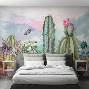 Hand-Painted Watercolor Cactus Wallpaper Mural, Custom Sizes Available