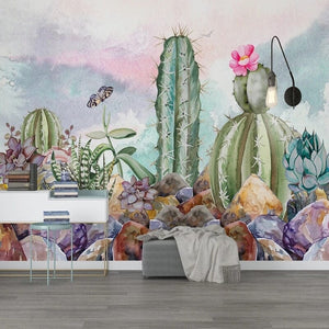 Hand-Painted Watercolor Cactus Wallpaper Mural, Custom Sizes Available Wall Murals Maughon's Waterproof Canvas 