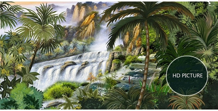 Hand-Painted Waterfall Tropical Rainforest Wallpaper Mural, Custom Sizes Available Wall Murals Maughon's 