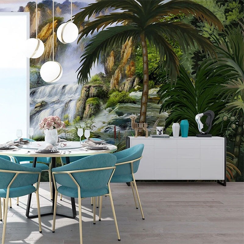 Hand-Painted Waterfall Tropical Rainforest Wallpaper Mural, Custom Sizes Available Wall Murals Maughon's 
