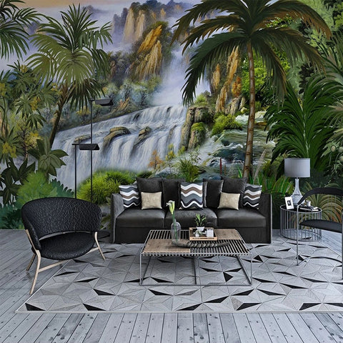 Image of Hand-Painted Waterfall Tropical Rainforest Wallpaper Mural, Custom Sizes Available Wall Murals Maughon's Waterproof Canvas 