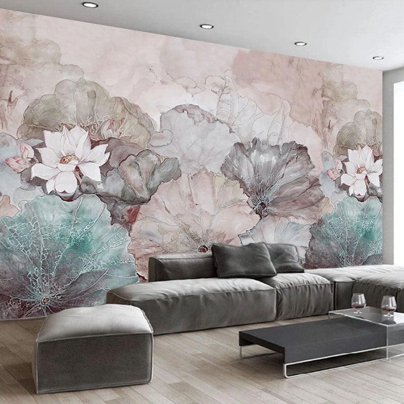 Hand Painted Waterlily Wallpaper Mural, 2 Colors To Choose From, Custom Sizes Available Wall Murals Maughon's 