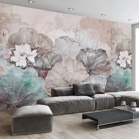Image of Hand Painted Waterlily Wallpaper Mural, 2 Colors To Choose From, Custom Sizes Available Wall Murals Maughon's 
