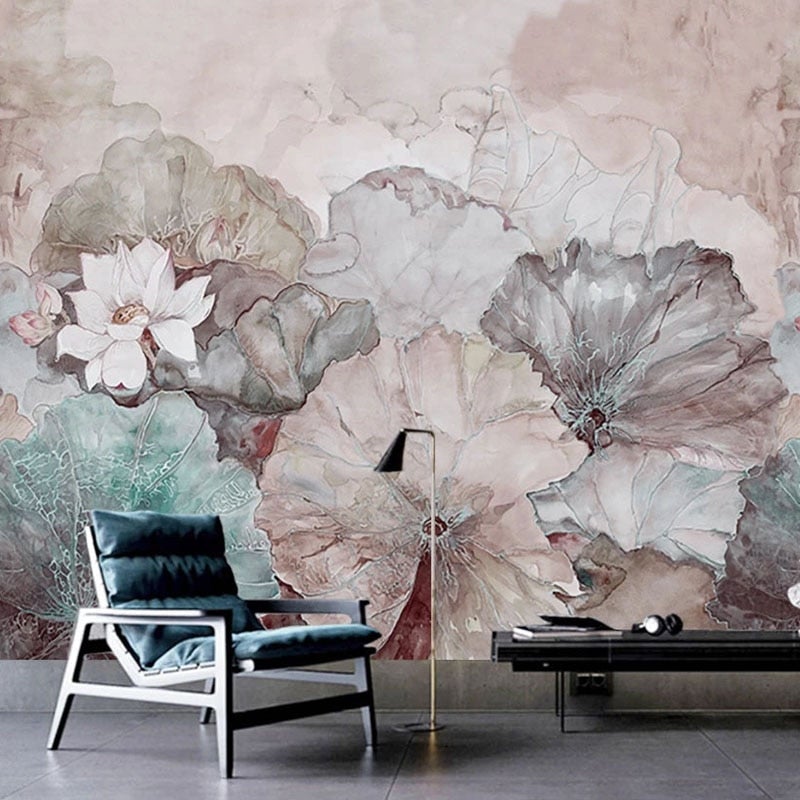 Hand Painted Waterlily Wallpaper Mural, 2 Colors To Choose From, Custom Sizes Available Wall Murals Maughon's MU3660 A 
