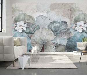 Hand Painted Waterlily Wallpaper Mural, 2 Colors To Choose From, Custom Sizes Available