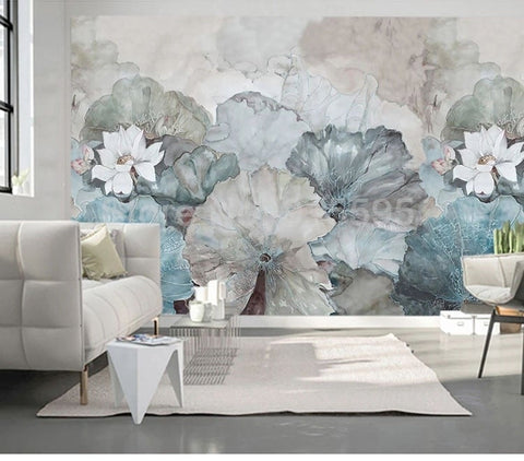 Image of Hand Painted Waterlily Wallpaper Mural, 2 Colors To Choose From, Custom Sizes Available Wall Murals Maughon's MU3660 B 