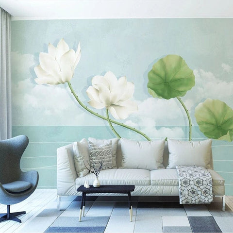Image of Hand-painted White Waterlilies Wallpaper Mural, Custom Sizes Available Wall Murals Maughon's Waterproof Canvas 
