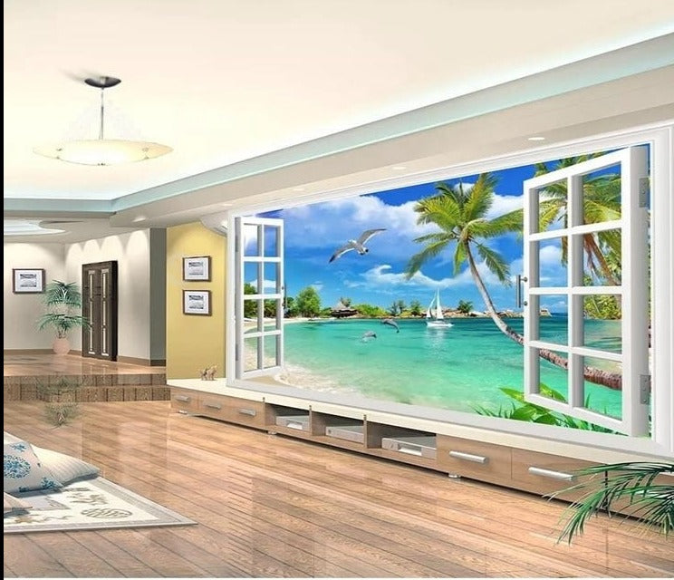Hawaii 3D Window Scenery Wallpaper Mural, Custom Sizes Available