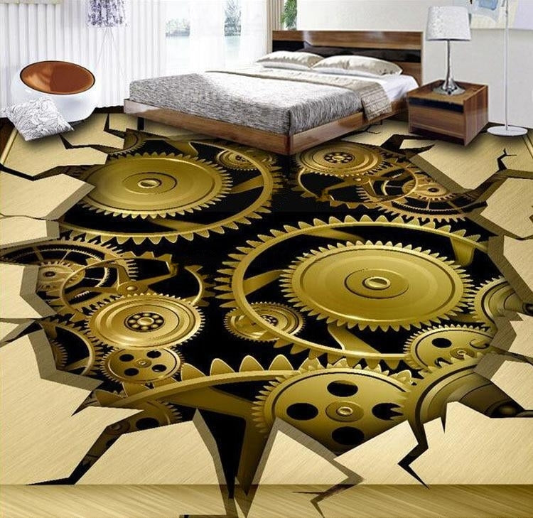 Hole in the Floor Mechanical Gears Self Adhesive Floor Mural, Custom Sizes Available