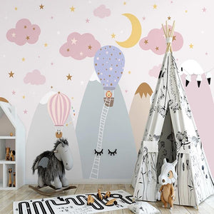 Hot Air Balloons with Pink Clouds and Starry Sky Wallpaper Mural, Custom Sizes Available