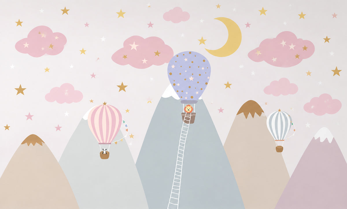 Hot Air Balloons with Pink Clouds and Starry Sky Wallpaper Mural, Custom Sizes Available Maughon's 