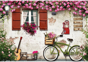 House With Guitar and Bicycle Wallpaper Mural, Custom Sizes Available