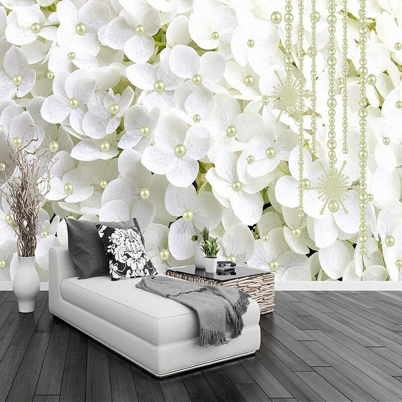 Hydrangea and Pearl Wallpaper Mural, Custom Sizes Available Wall Murals Maughon's Waterproof Canvas 