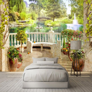 Idyllic Balcony Overlooking Pond and Garden Wallpaper Mural, Custom Sizes Available