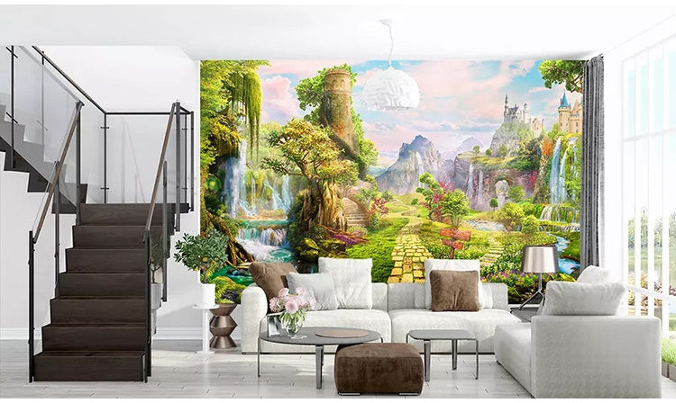 Idyllic Landscape of Waterfalls and Mountains Wallpaper Mural, Custom Sizes Available Wall Murals Maughon's 