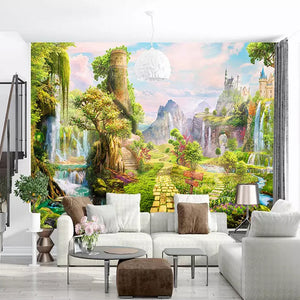 Idyllic Fantasy Landscape of Waterfalls and Mountains Wallpaper Mural, Custom Sizes Available