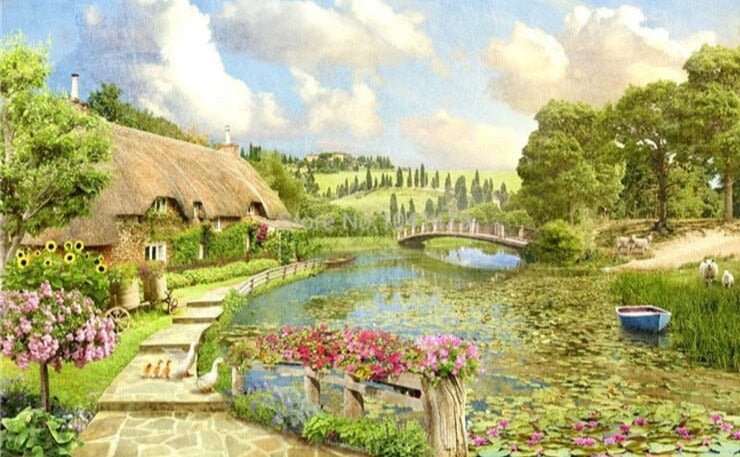 Idyllic Village Near Pond Wallpaper Mural, Custom Sizes Available Wall Murals Maughon's 