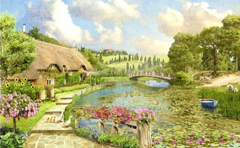 Image of Idyllic Village Near Pond Wallpaper Mural, Custom Sizes Available Wall Murals Maughon's 