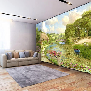 Beautiful Idyllic Cottage Beside a River Wallpaper Mural, Custom Sizes Available