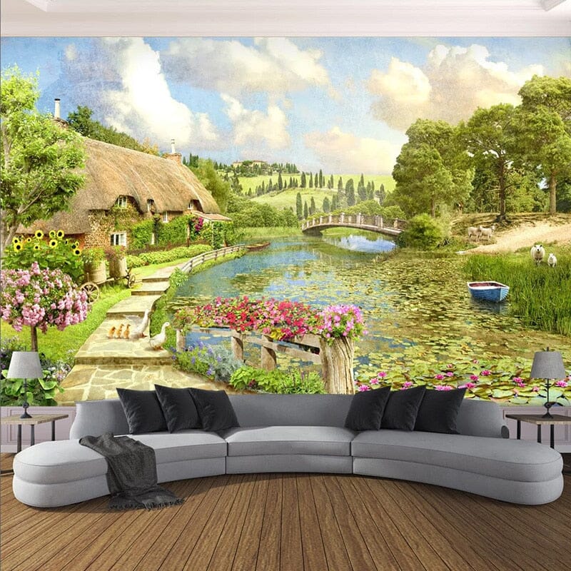 Idyllic Village Near Pond Wallpaper Mural, Custom Sizes Available Wall Murals Maughon's Waterproof Canvas 