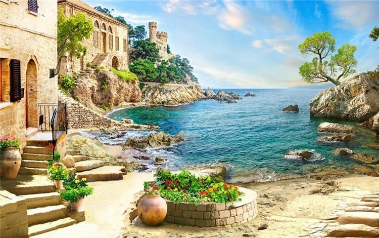 Italian Seaside Villa Wallpaper Mural, Custom Sizes Available