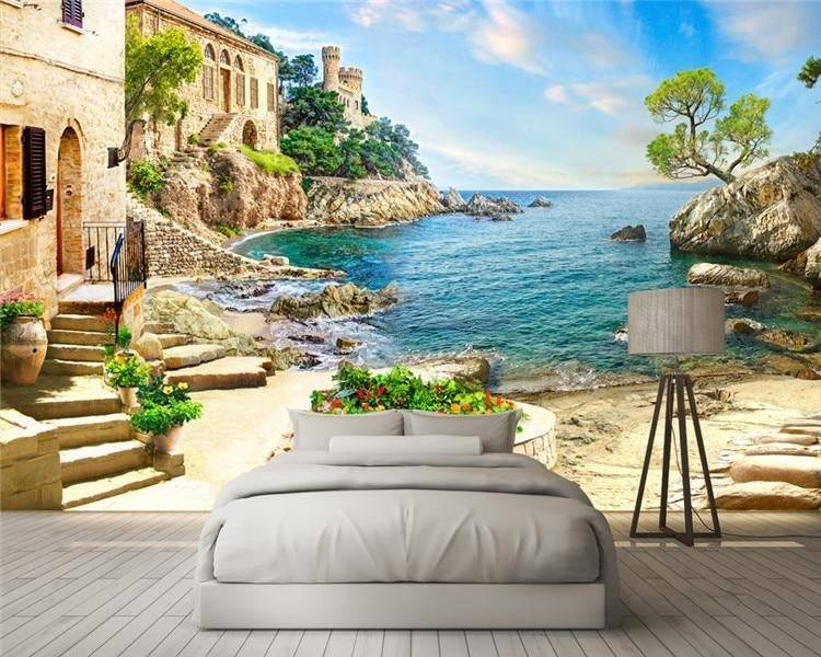 Italian Seaside Villa Wallpaper Mural, Custom Sizes Available