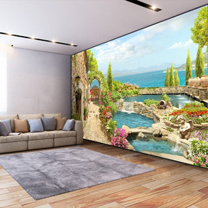 Italian Villa By the Sea Wallpaper Mural, Custom Sizes Available