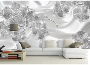 Exquisite Silver Floral Jewelry on Silk Background Wallpaper Mural, Custom Sizes Available