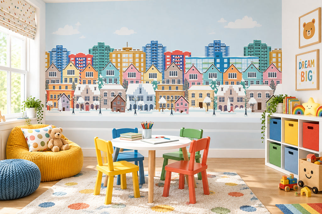 Kid's Cartoon City Buildings Wallpaper Mural, Custom Sizes Available Wall Murals Maughon's 