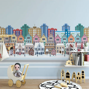 Mural de papel pintado de edificios de la ciudad de dibujos animados para niños, tamaños personalizados disponibles