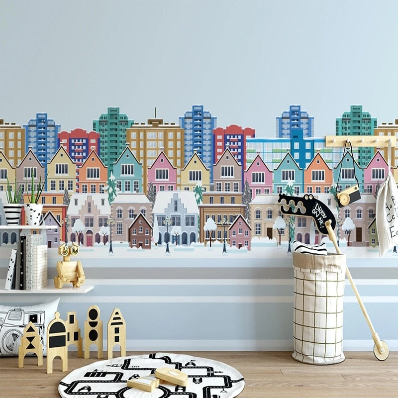 Kid's Cartoon City Buildings Wallpaper Mural, Custom Sizes Available Wall Murals Maughon's Waterproof Canvas 