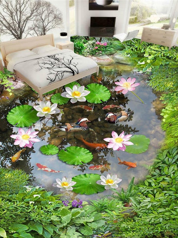 Image of Koi, Lily Pads, and Lotus Self Adhesive Floor Mural, Custom Sizes Available